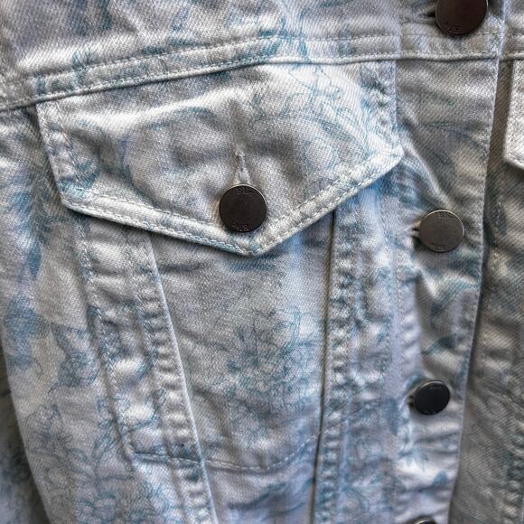 Elie Tahari Toile Printed Raw Hem Denim Jacket White Size L - Picture 4 of 6